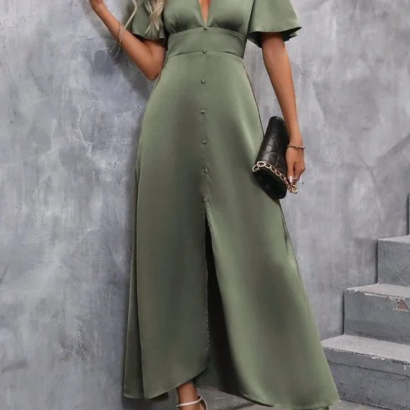 Army Green Preppy Womens Plunging Neck Butterfly Sleeve Button Front Dress - Picture 3 of 5